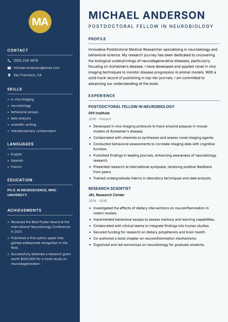 Postdoctoral Medical Researcher resume sample — Postdoctoral Fellow in Neurobiology focus