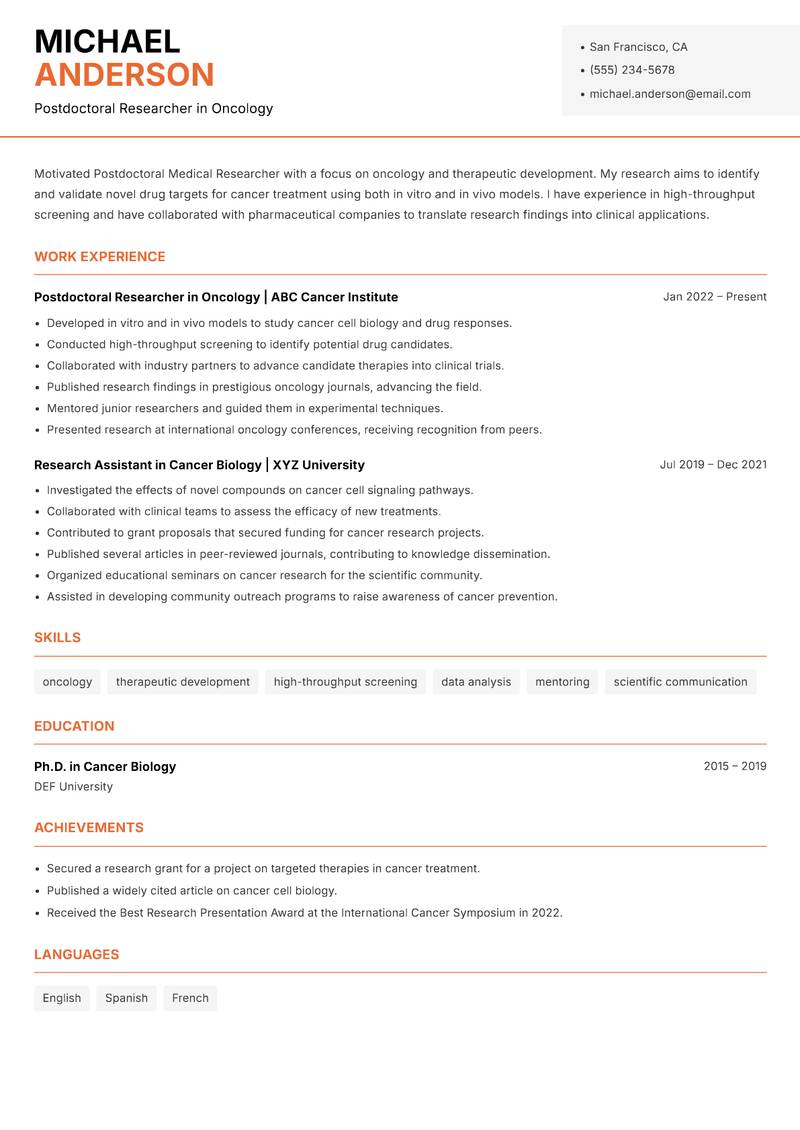 Postdoctoral Medical Researcher resume sample — Postdoctoral Researcher in Oncology focus