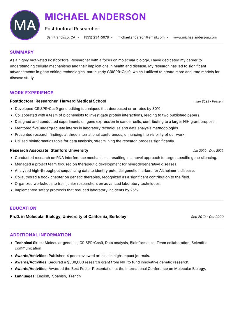 Postdoctoral Researcher resume example