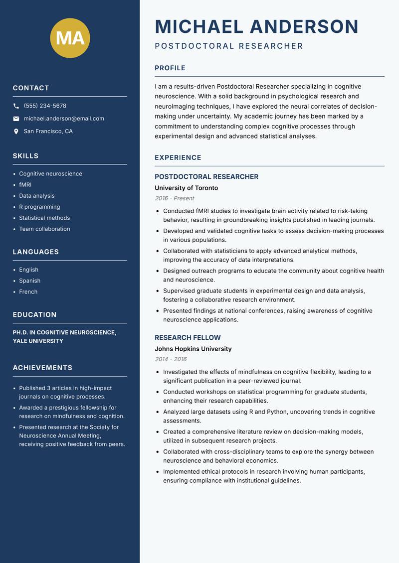 Postdoctoral Researcher resume sample — Postdoctoral Researcher focus