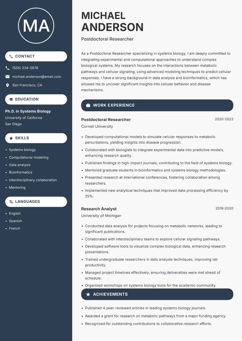 Postdoctoral Researcher resume sample — Postdoctoral Researcher focus