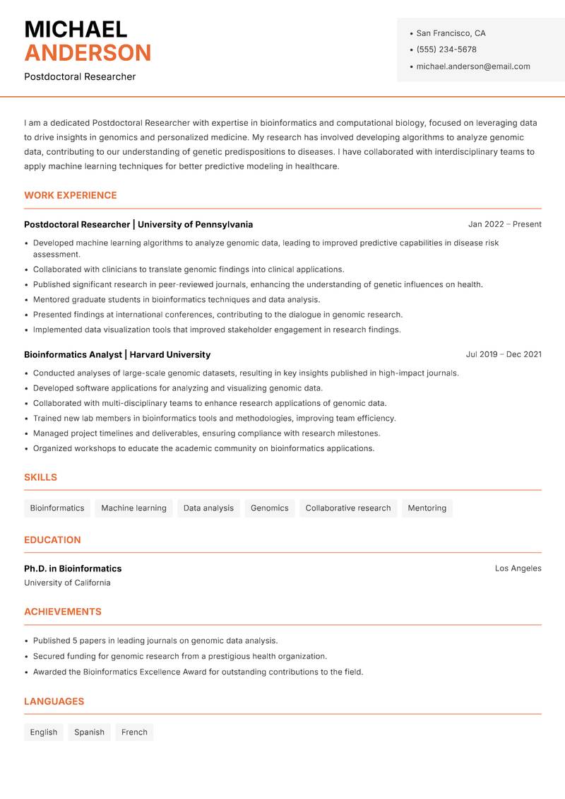 Postdoctoral Researcher resume sample — Postdoctoral Researcher focus