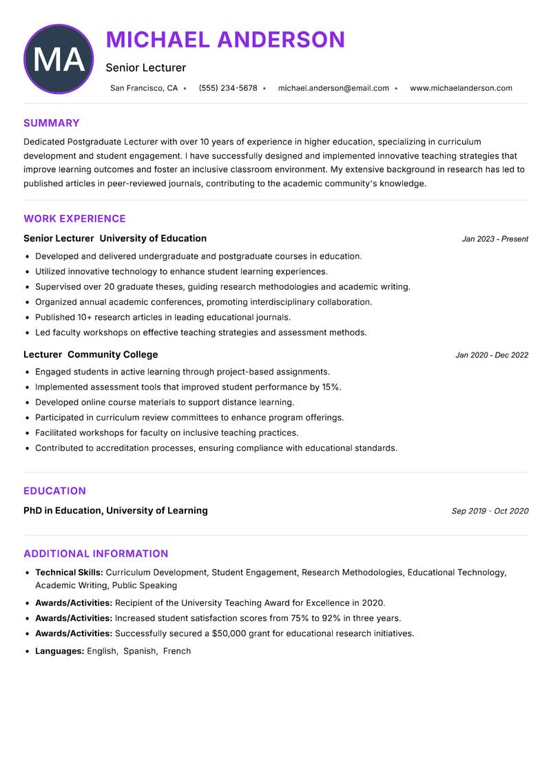 Postgraduate Lecturer resume example