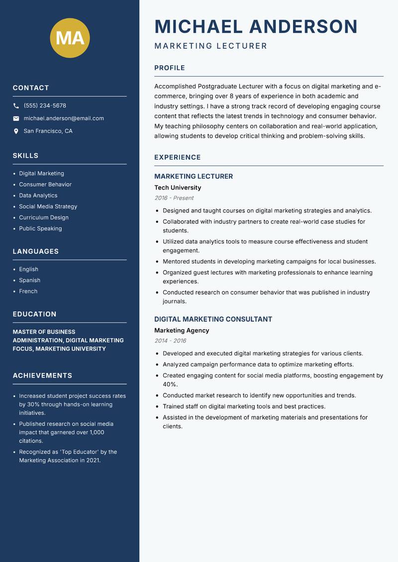 Postgraduate Lecturer resume sample — Marketing Lecturer focus