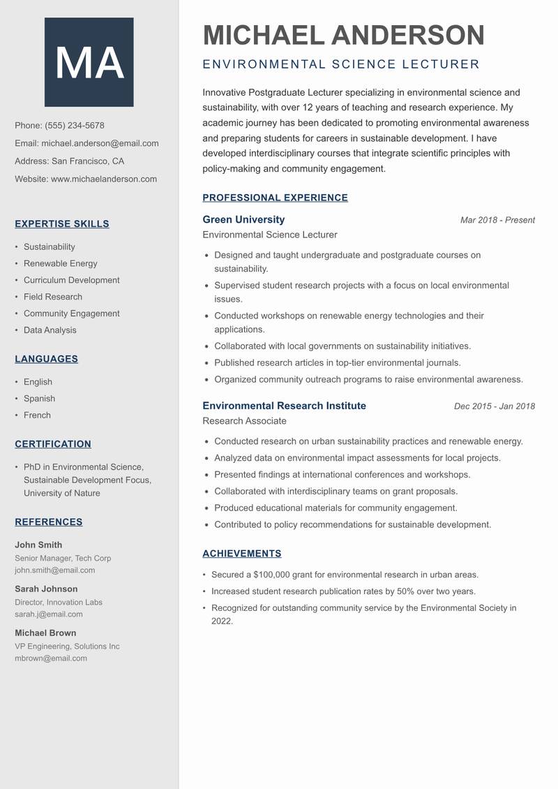 Postgraduate Lecturer resume sample — Environmental Science Lecturer focus