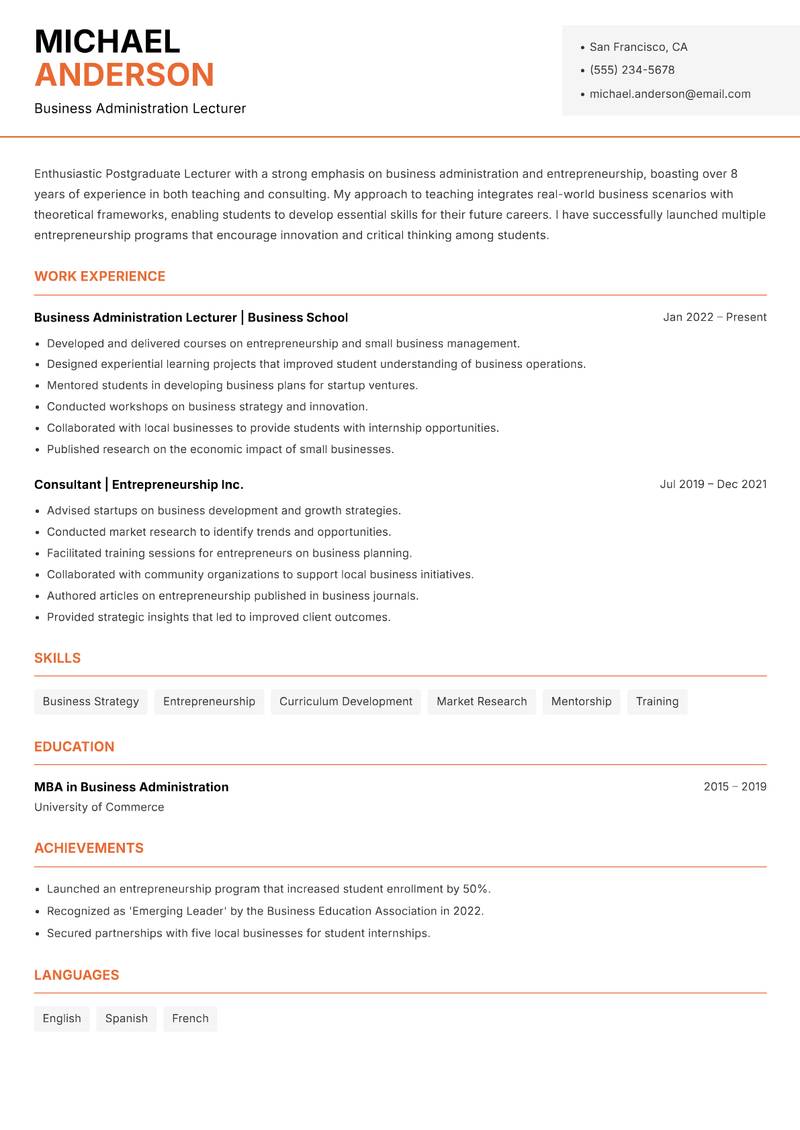 Postgraduate Lecturer resume sample — Business Administration Lecturer focus