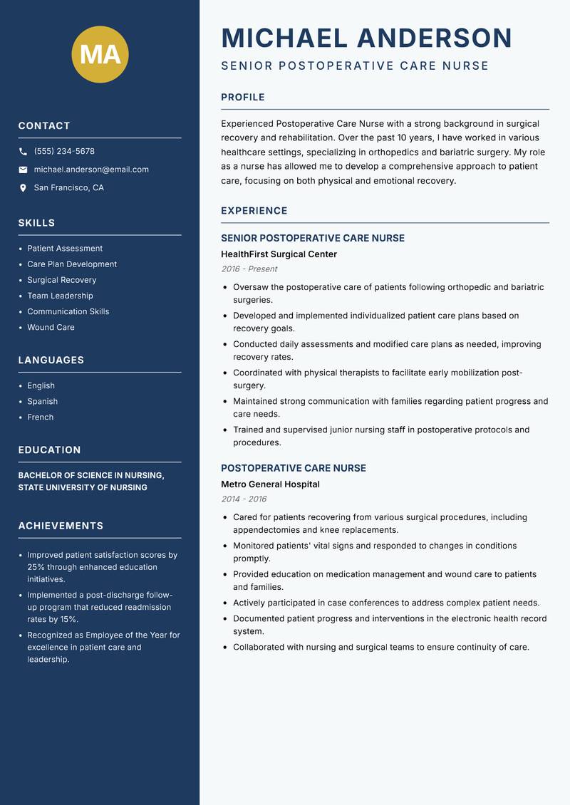 Postoperative Care Nurse resume sample — Senior Postoperative Care Nurse focus