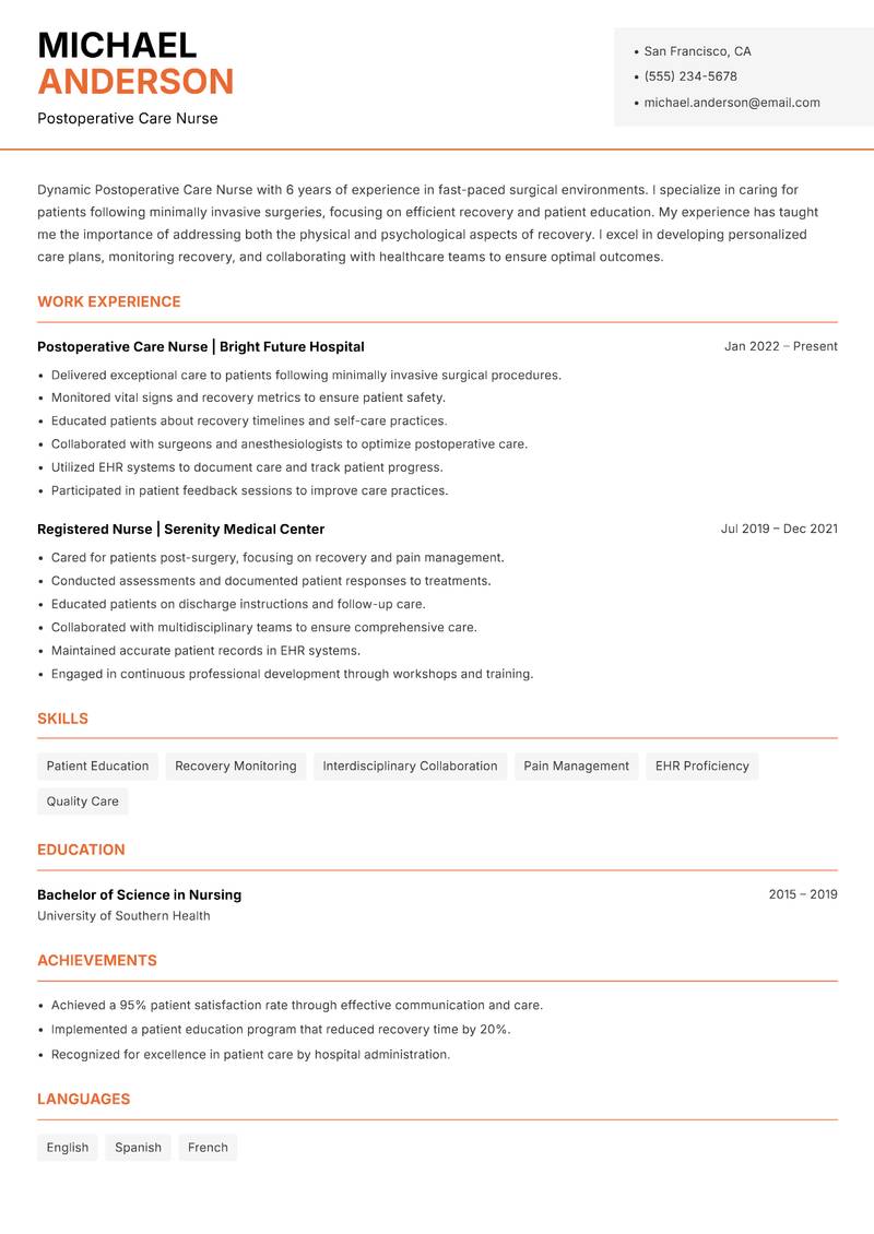 Postoperative Care Nurse resume sample — Postoperative Care Nurse focus
