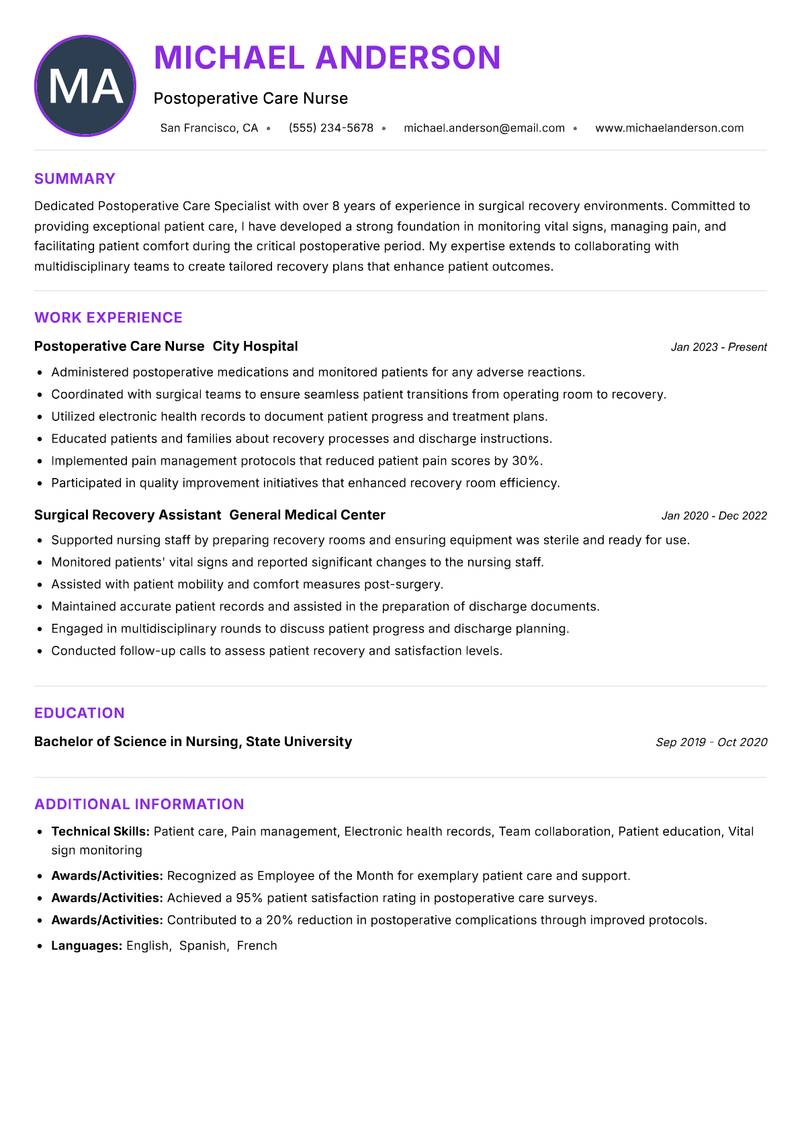 Postoperative Care Specialist resume example