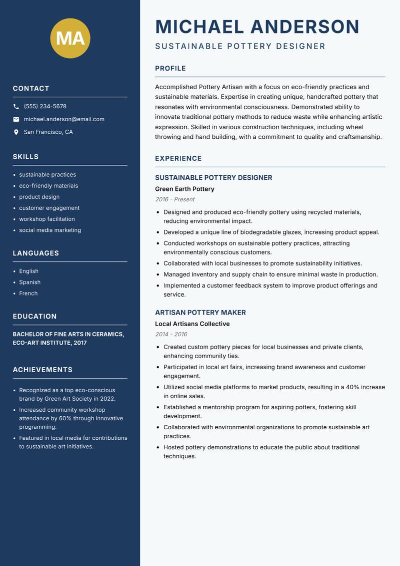 Pottery Artisan resume sample — Sustainable Pottery Designer focus