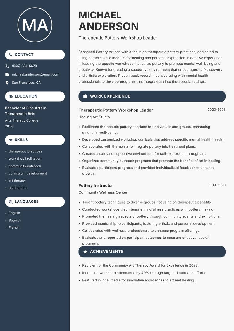 Pottery Artisan resume sample — Therapeutic Pottery Workshop Leader focus