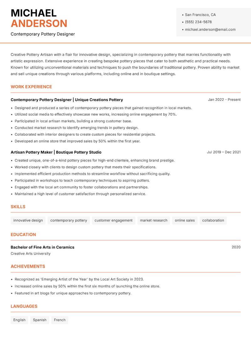Pottery Artisan resume sample — Contemporary Pottery Designer focus