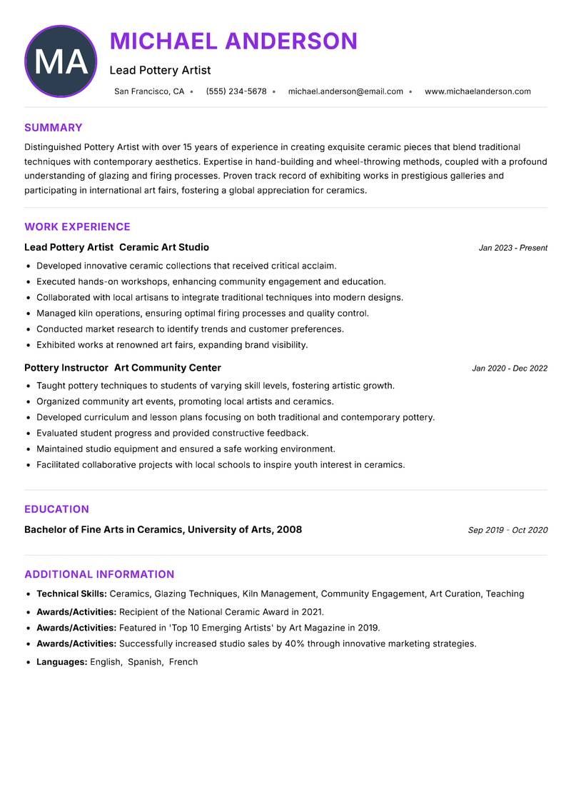 Pottery Artist resume example