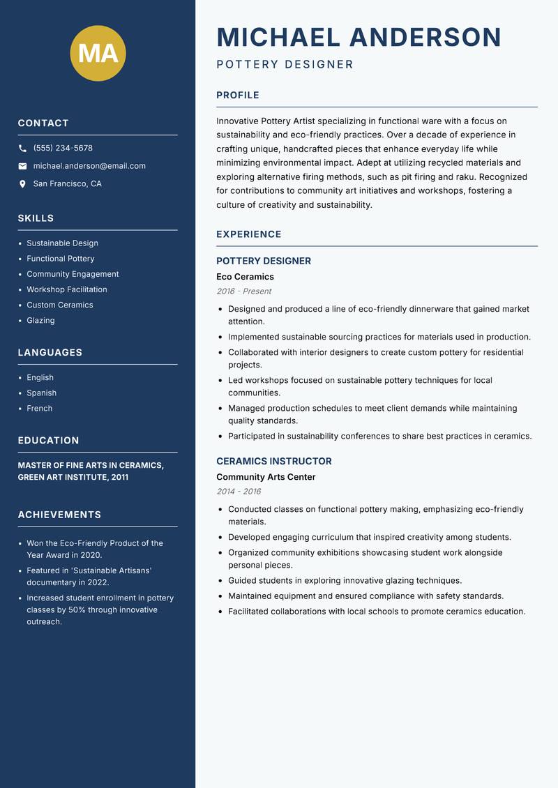 Pottery Artist resume sample — Pottery Designer focus