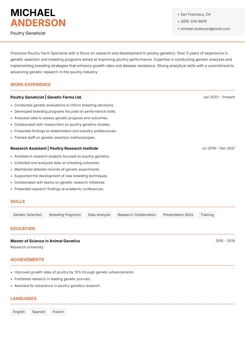 Poultry Farm Specialist resume sample — Poultry Geneticist focus