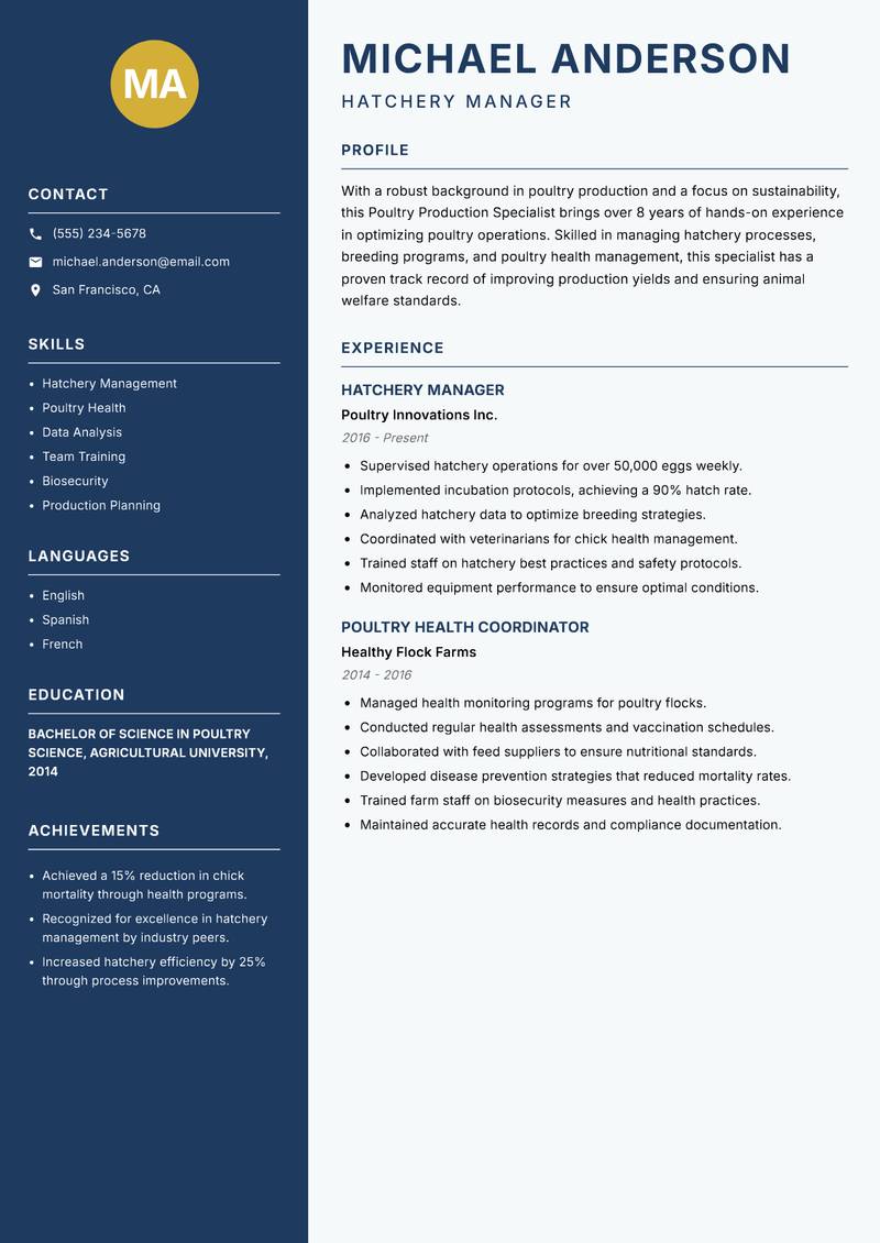 Poultry Production Specialist resume sample — Hatchery Manager focus