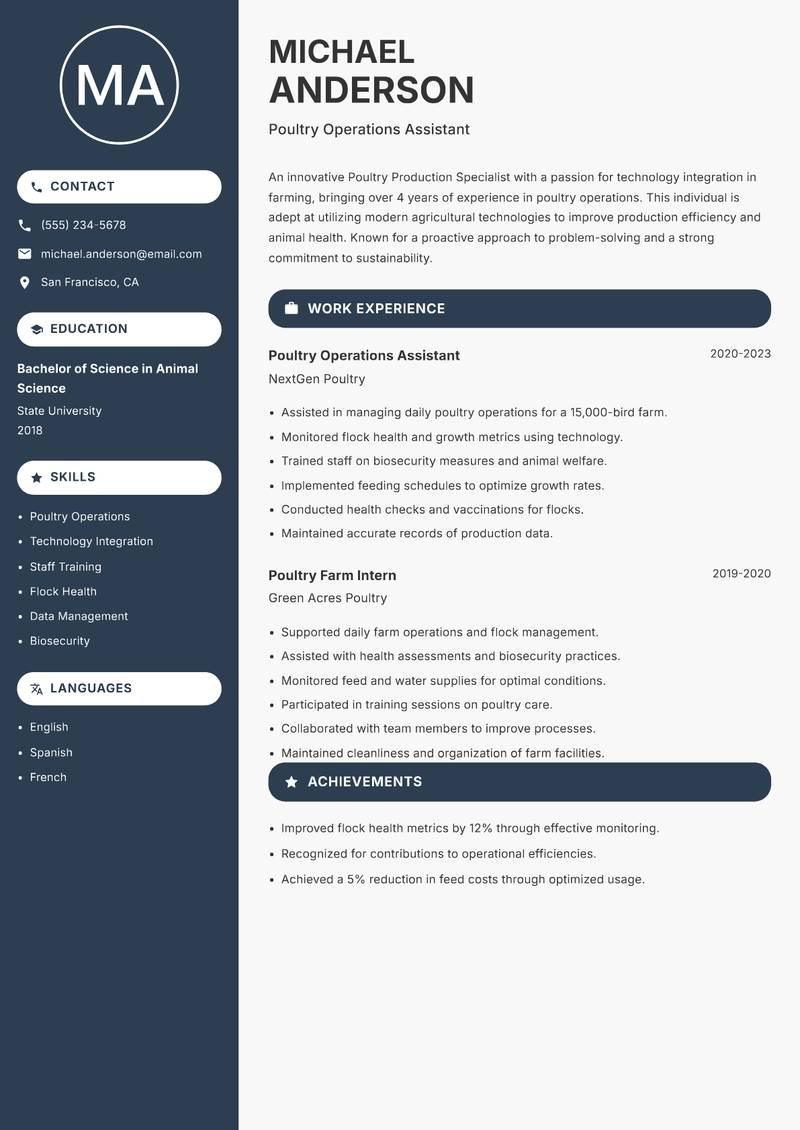 Poultry Production Specialist resume sample — Poultry Operations Assistant focus