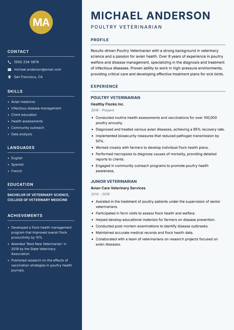 Poultry Veterinarian resume sample — Poultry Veterinarian focus