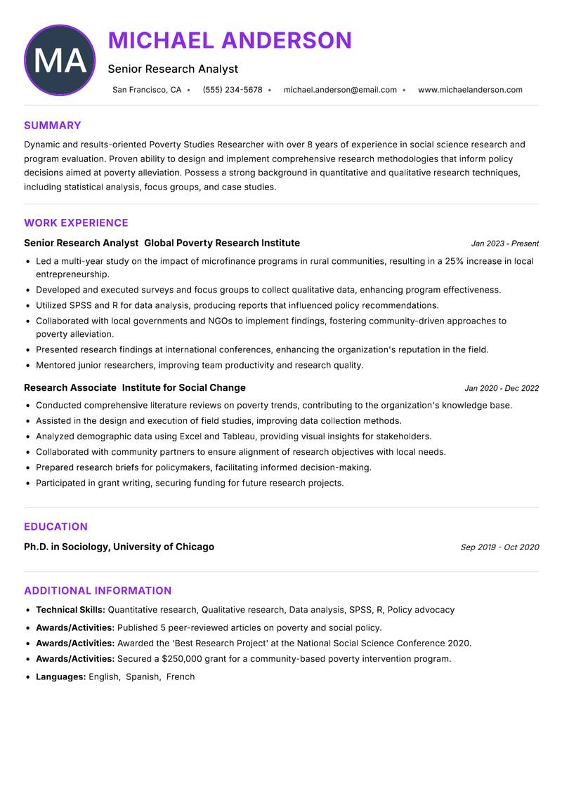 Poverty Studies Researcher resume example