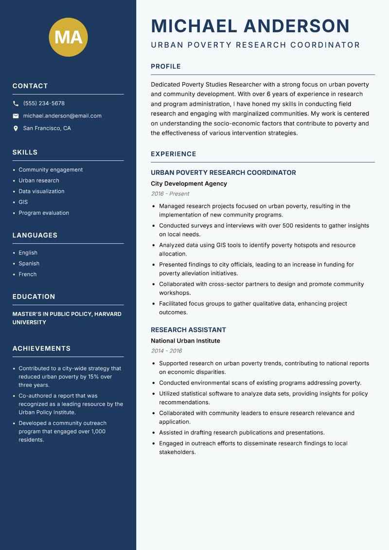 Poverty Studies Researcher resume sample — Urban Poverty Research Coordinator focus