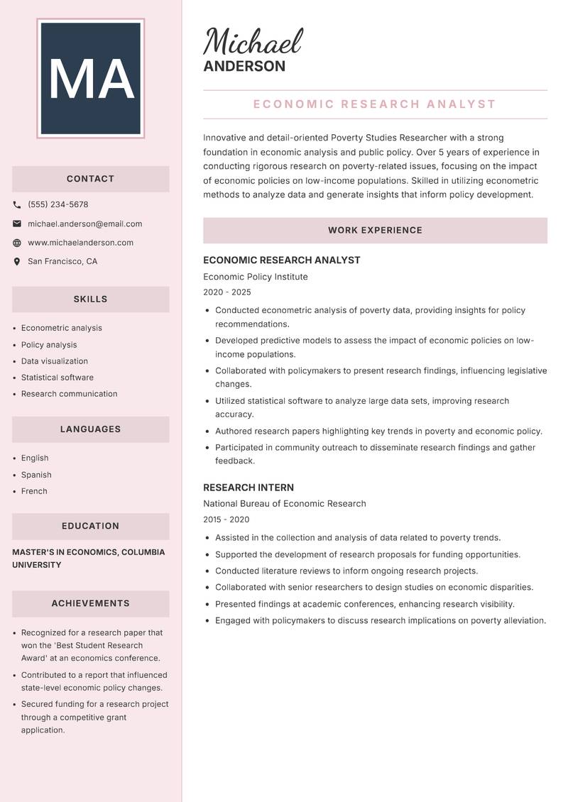 Poverty Studies Researcher resume sample — Economic Research Analyst focus