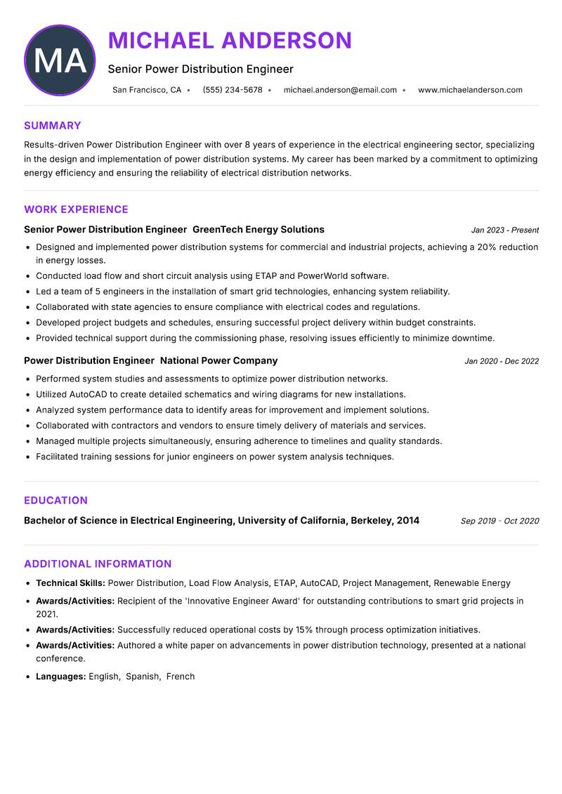Power Distribution Engineer resume example