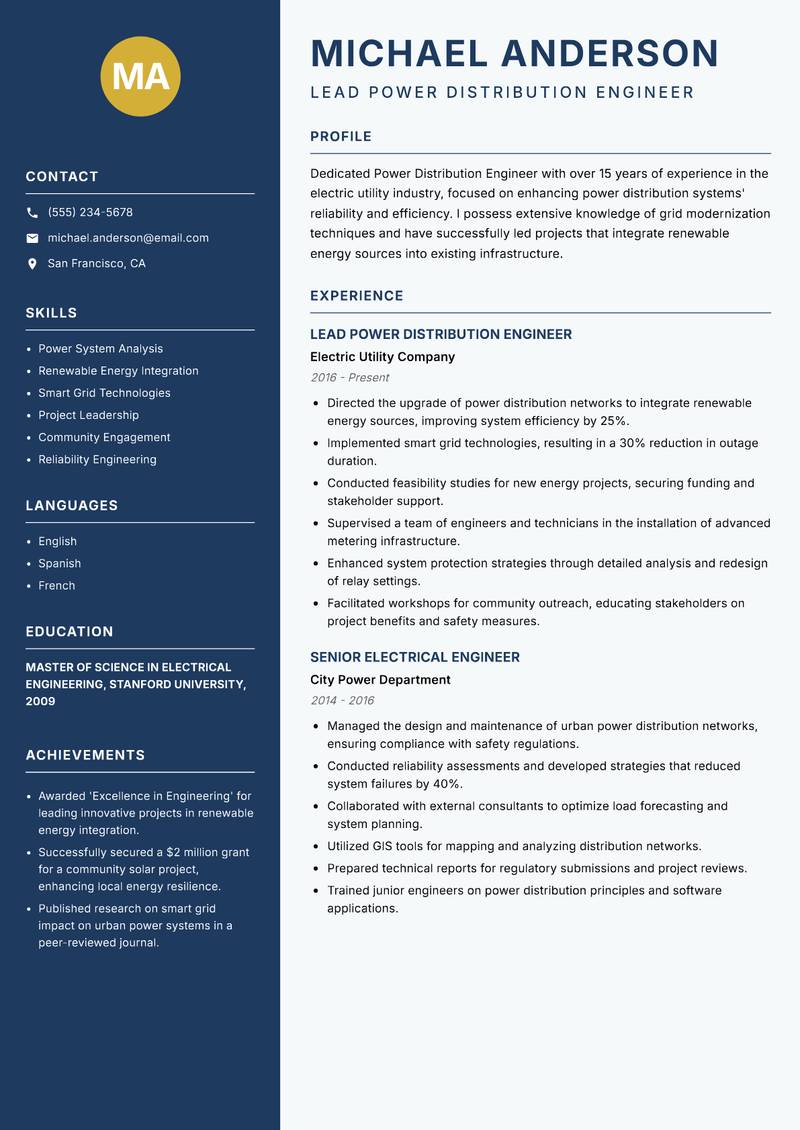 Power Distribution Engineer resume sample — Lead Power Distribution Engineer focus