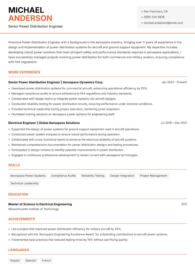 Power Distribution Engineer resume sample — Senior Power Distribution Engineer focus