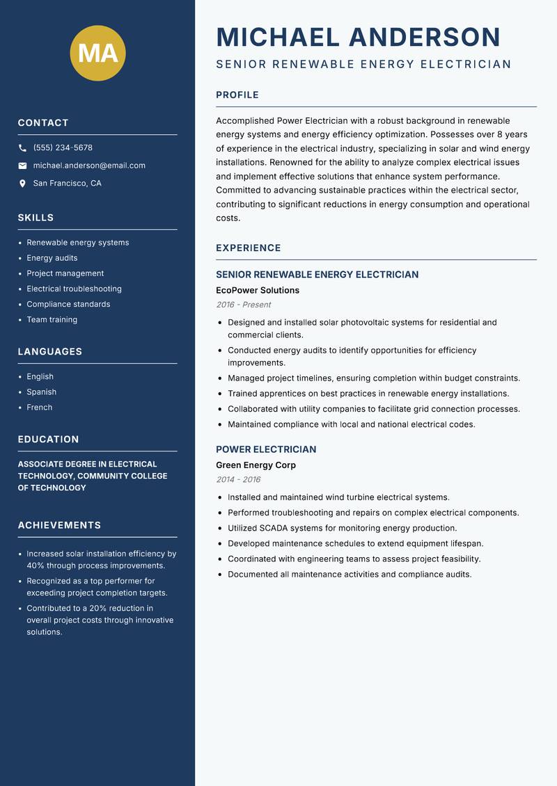 Power Electrician resume sample — Senior Renewable Energy Electrician focus