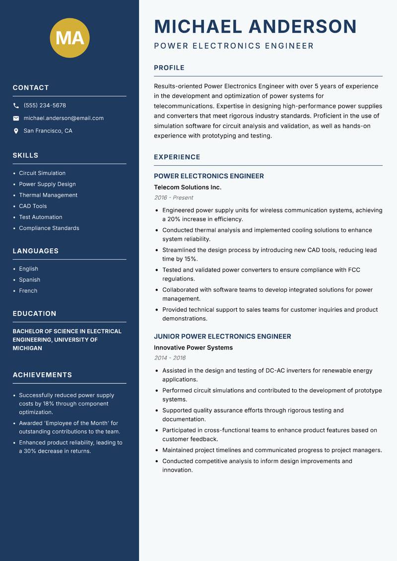 Power Electronics Engineer resume sample — Power Electronics Engineer focus