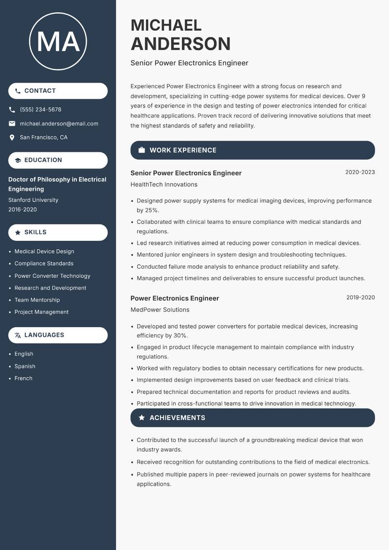 Power Electronics Engineer resume sample — Senior Power Electronics Engineer focus