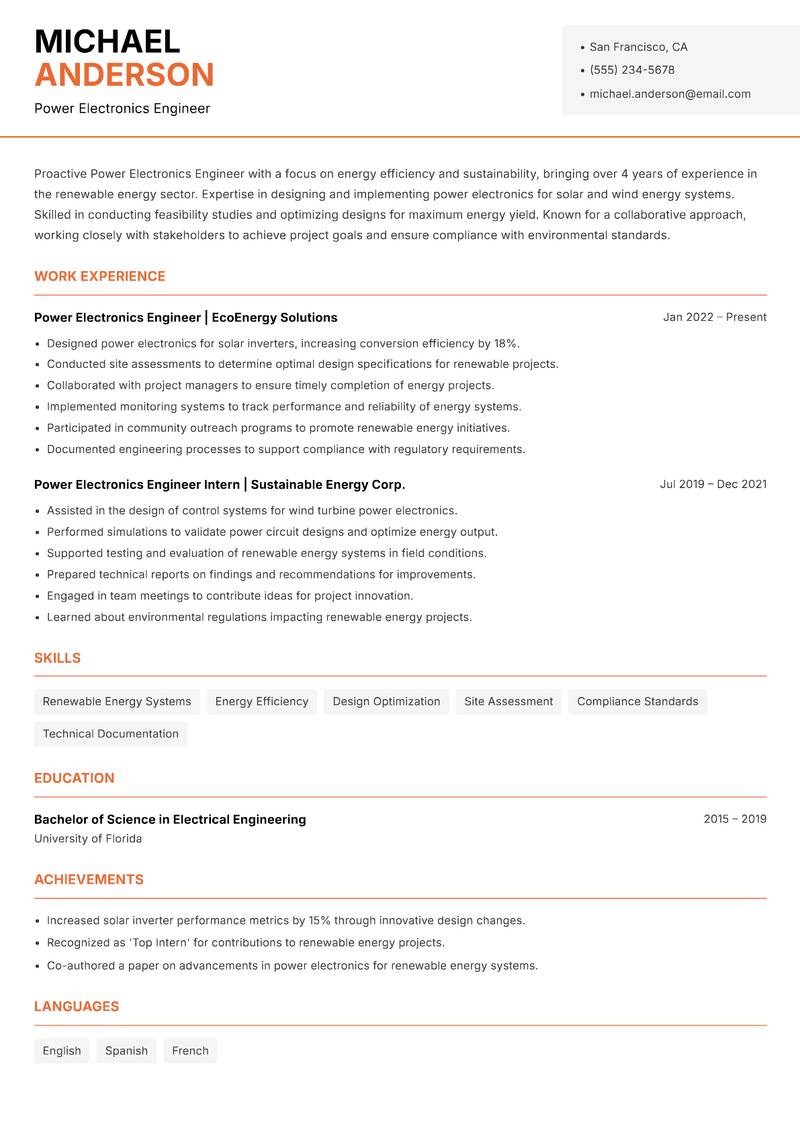 Power Electronics Engineer resume sample — Power Electronics Engineer focus