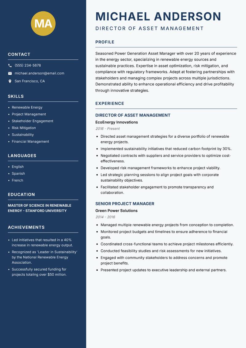 Power Generation Asset Manager resume sample — Director of Asset Management focus
