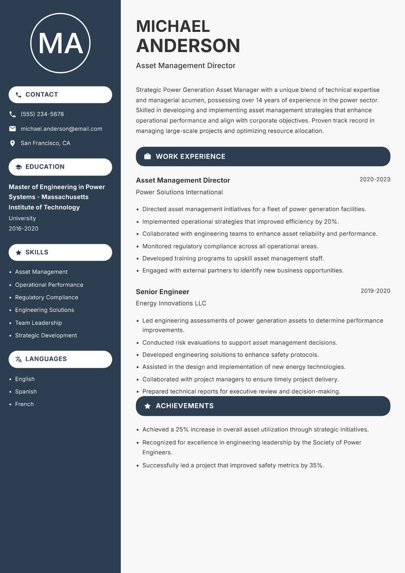 Power Generation Asset Manager resume sample — Asset Management Director focus