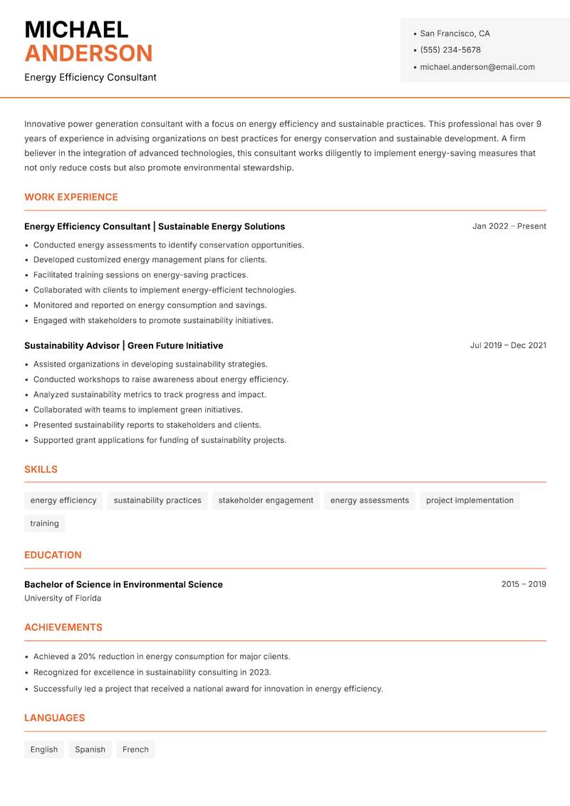 Power Generation Consultant resume sample — Energy Efficiency Consultant focus