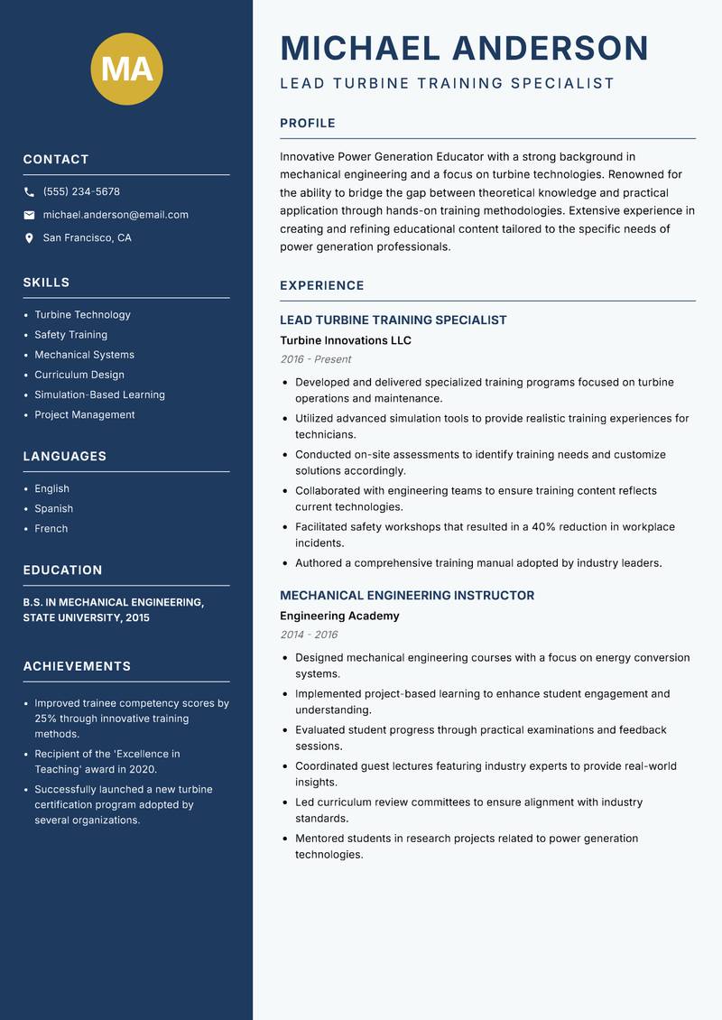 Power Generation Educator resume sample — Lead Turbine Training Specialist focus