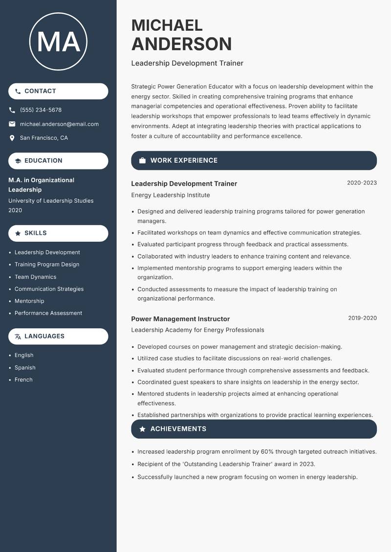 Power Generation Educator resume sample — Leadership Development Trainer focus