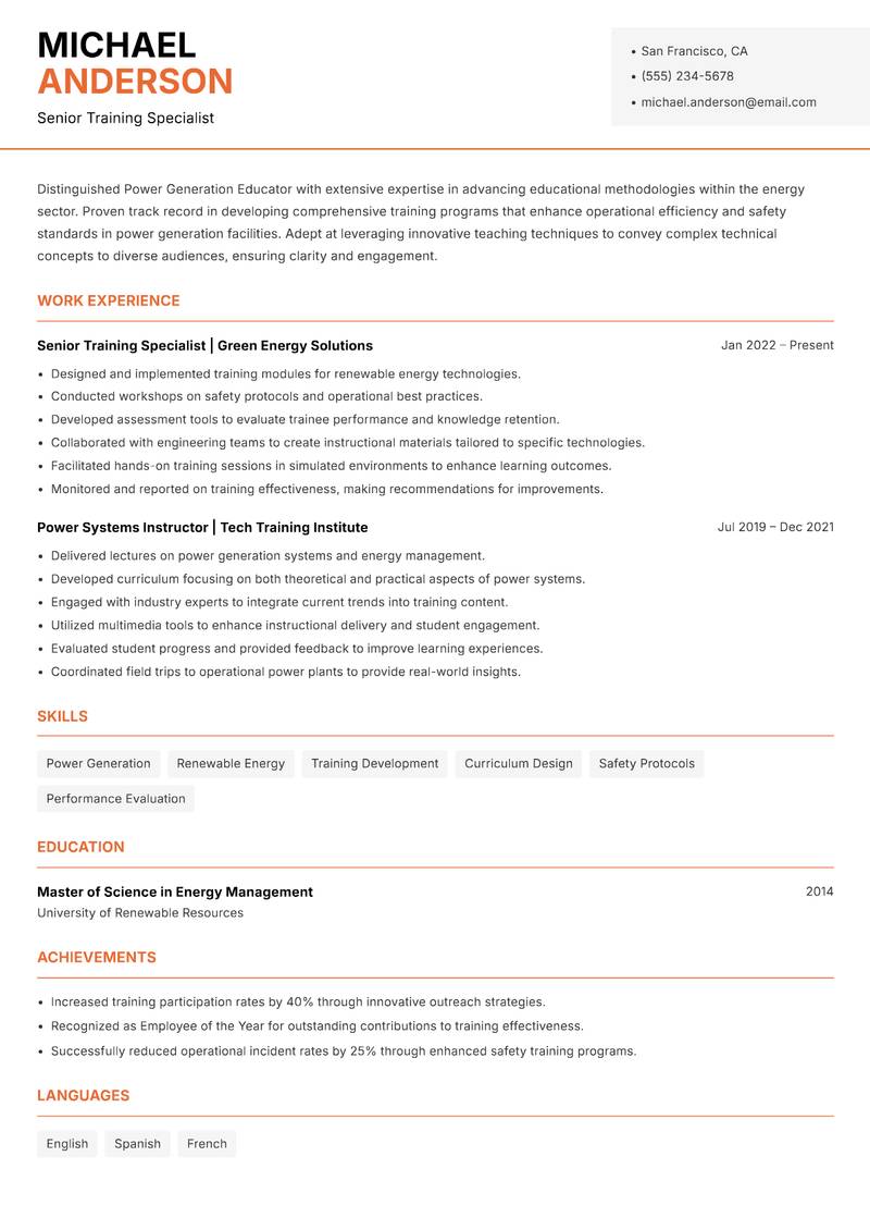Power Generation Educator resume sample — Senior Training Specialist focus