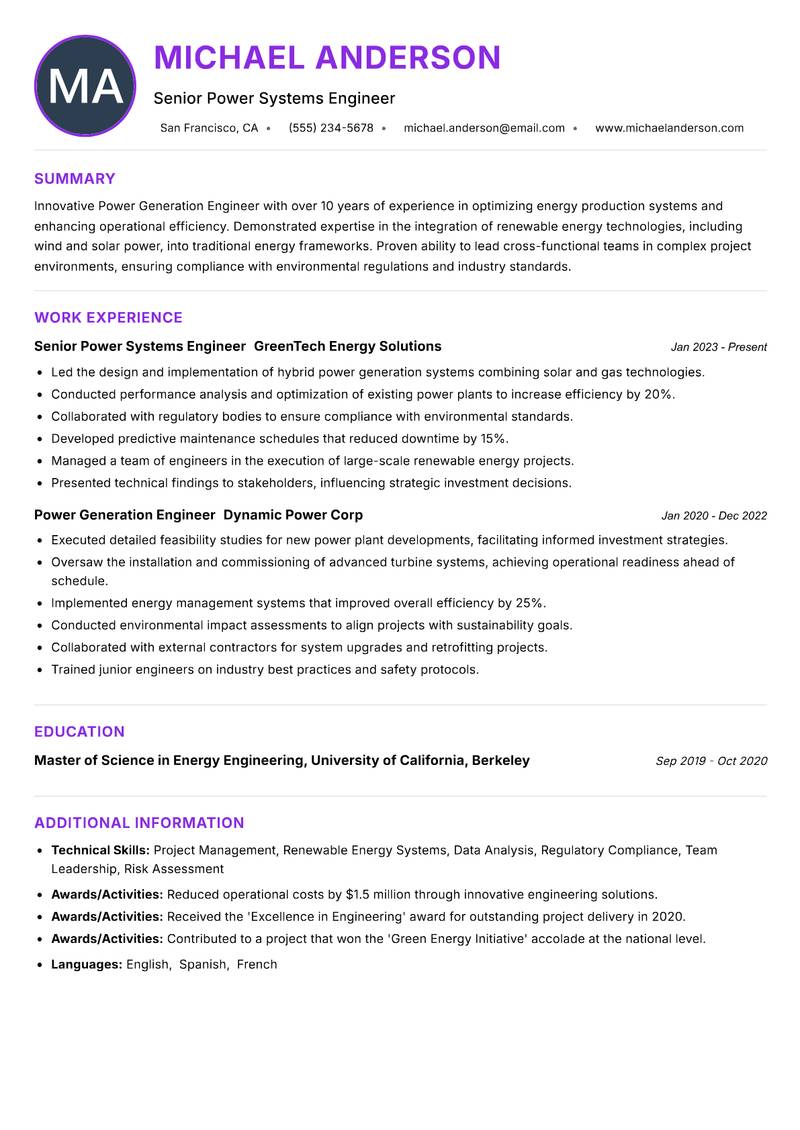 Power Generation Engineer resume example