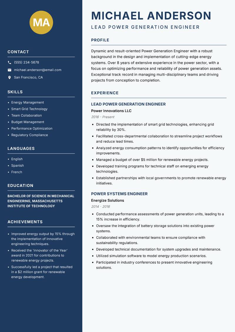 Power Generation Engineer resume sample — Lead Power Generation Engineer focus