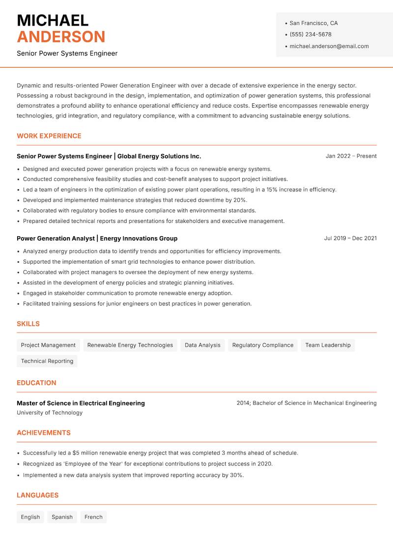 Power Generation Engineer resume sample — Senior Power Systems Engineer focus