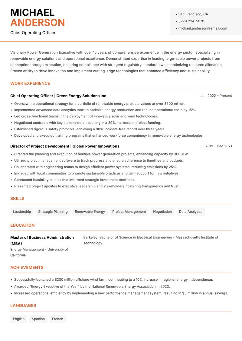 Power Generation Executive resume sample — Chief Operating Officer focus