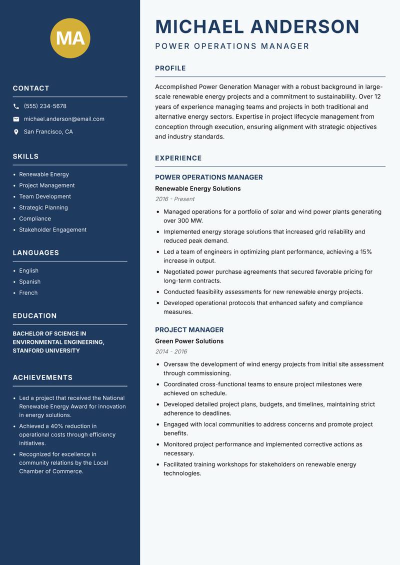Power Generation Manager resume sample — Power Operations Manager focus