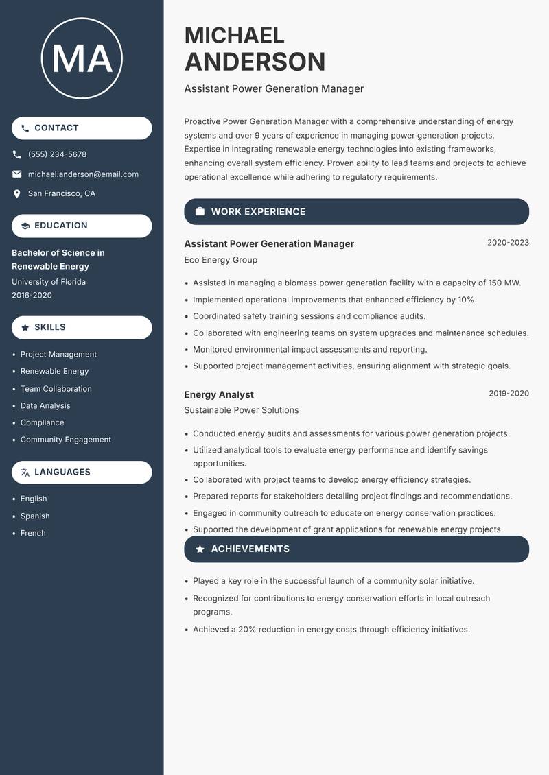 Power Generation Manager resume sample — Assistant Power Generation Manager focus