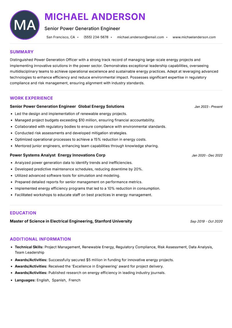 Power Generation Officer resume example