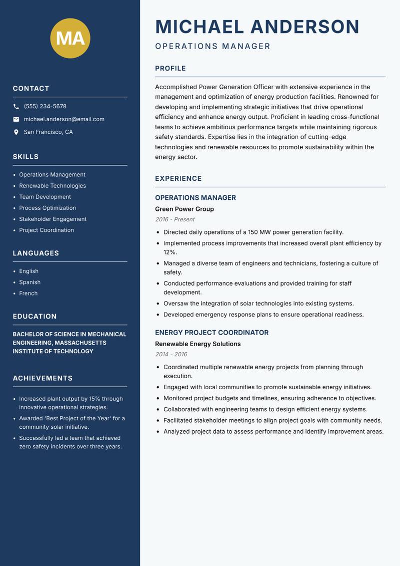 Power Generation Officer resume sample — Operations Manager focus