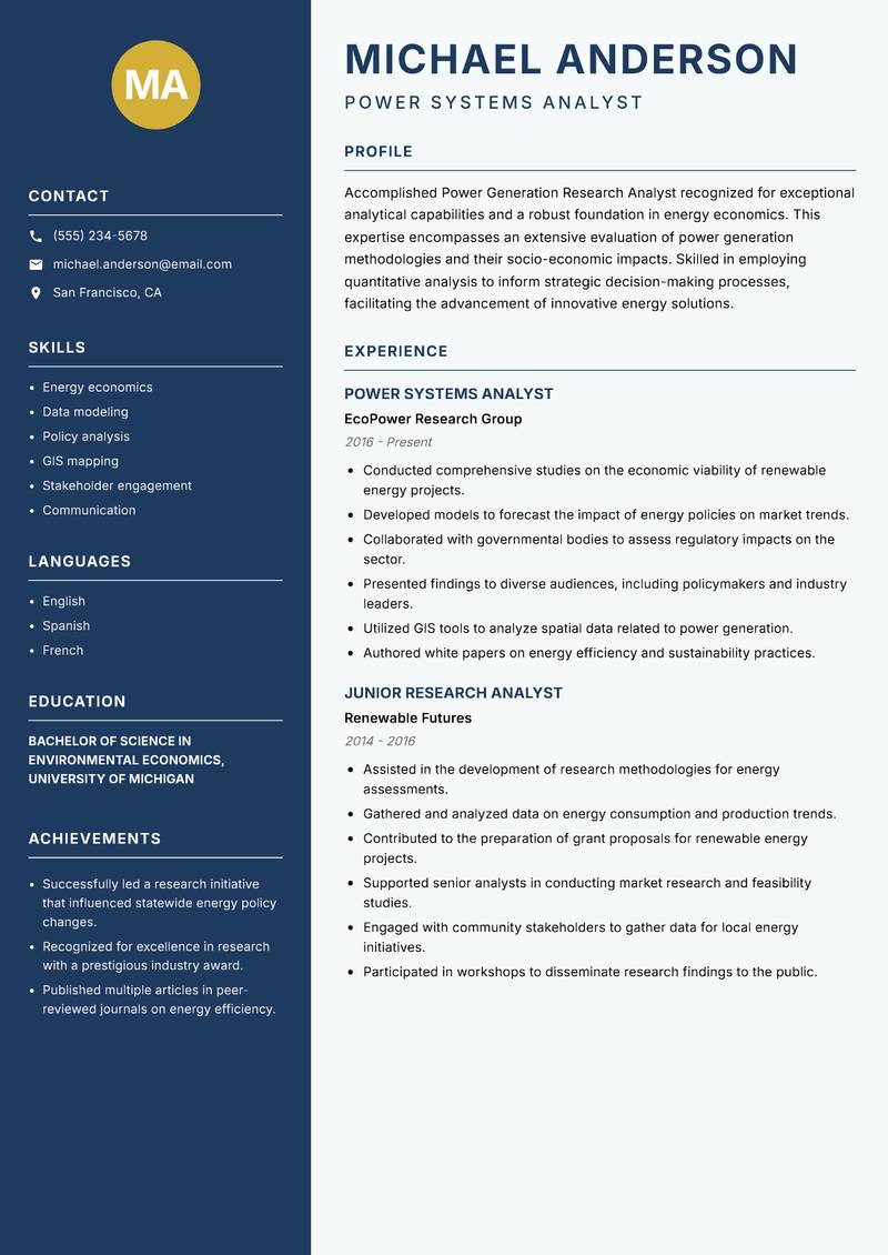 Power Generation Research Analyst resume sample — Power Systems Analyst focus