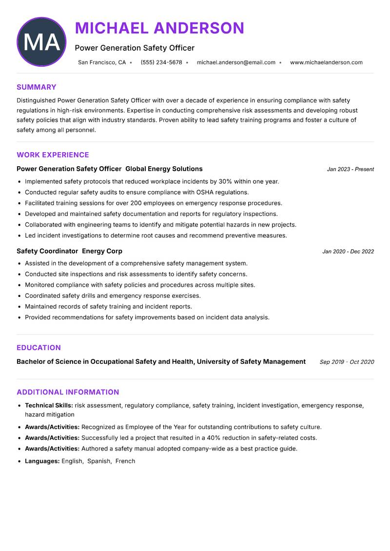 Power Generation Safety Officer resume example