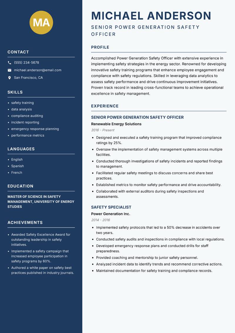 Power Generation Safety Officer resume sample — Senior Power Generation Safety Officer focus