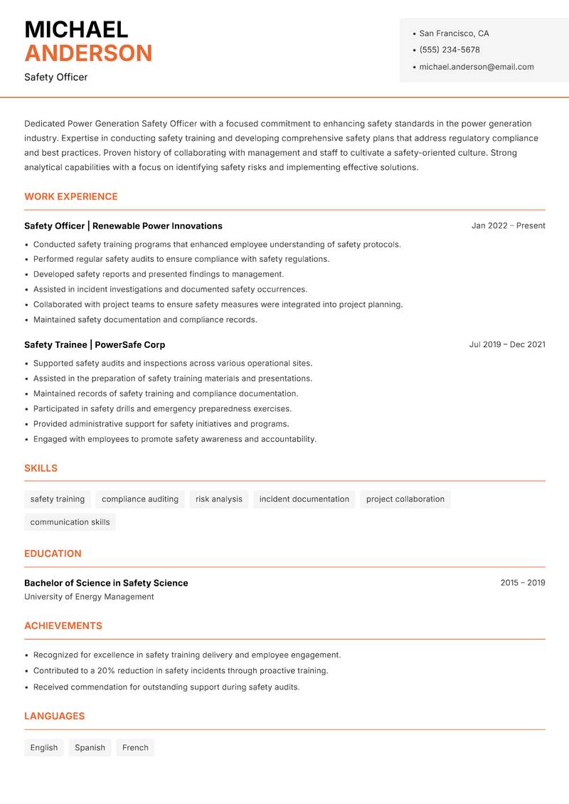 Power Generation Safety Officer resume sample — Safety Officer focus